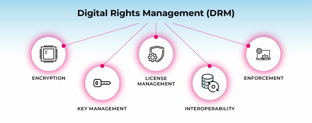 This infographic shows in what ways are digital rights management (DRM) split up into.