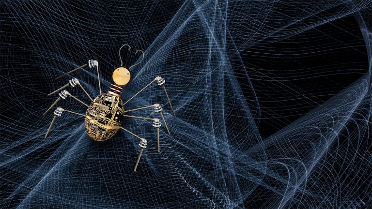 A cybernetic spider crawling on a web of code.