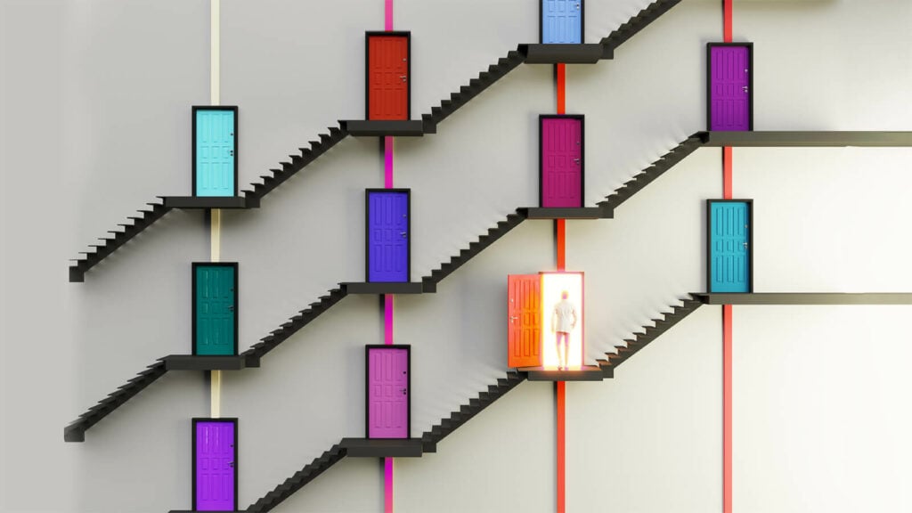 Different sets of staircases leading to colorful doors.