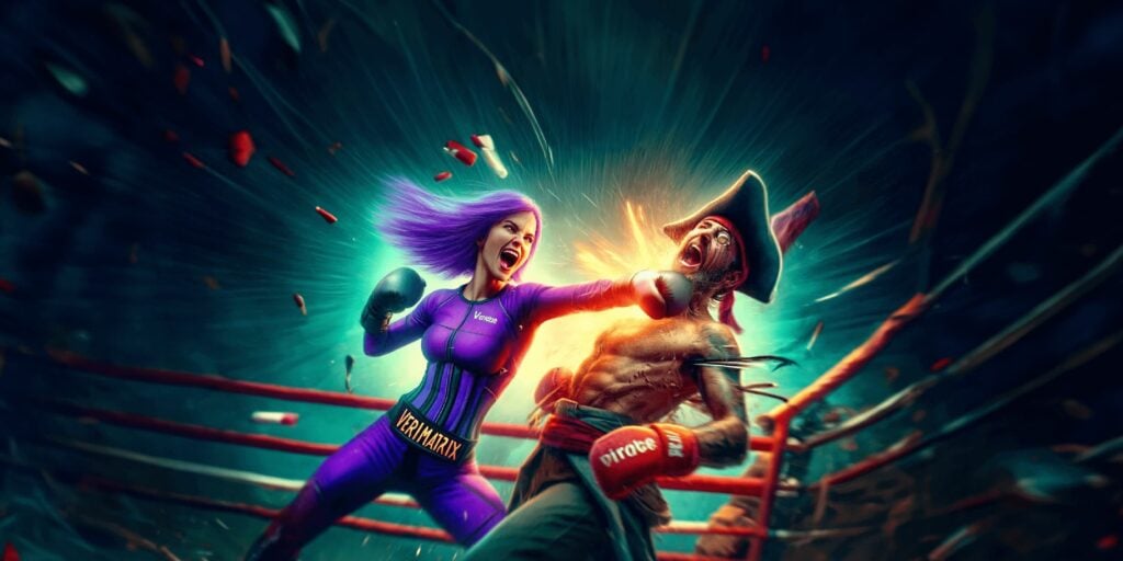 A female boxer wearing a Verimatrix belt punching a pirate in the face.
