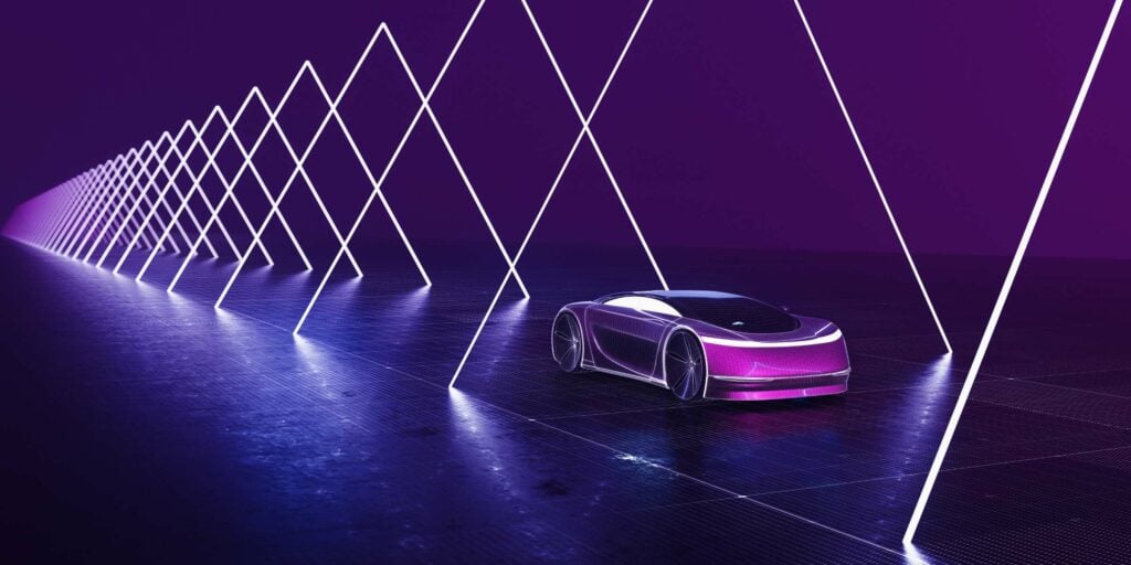 A futuristic sports car driving on a straight path with many light fixtures.